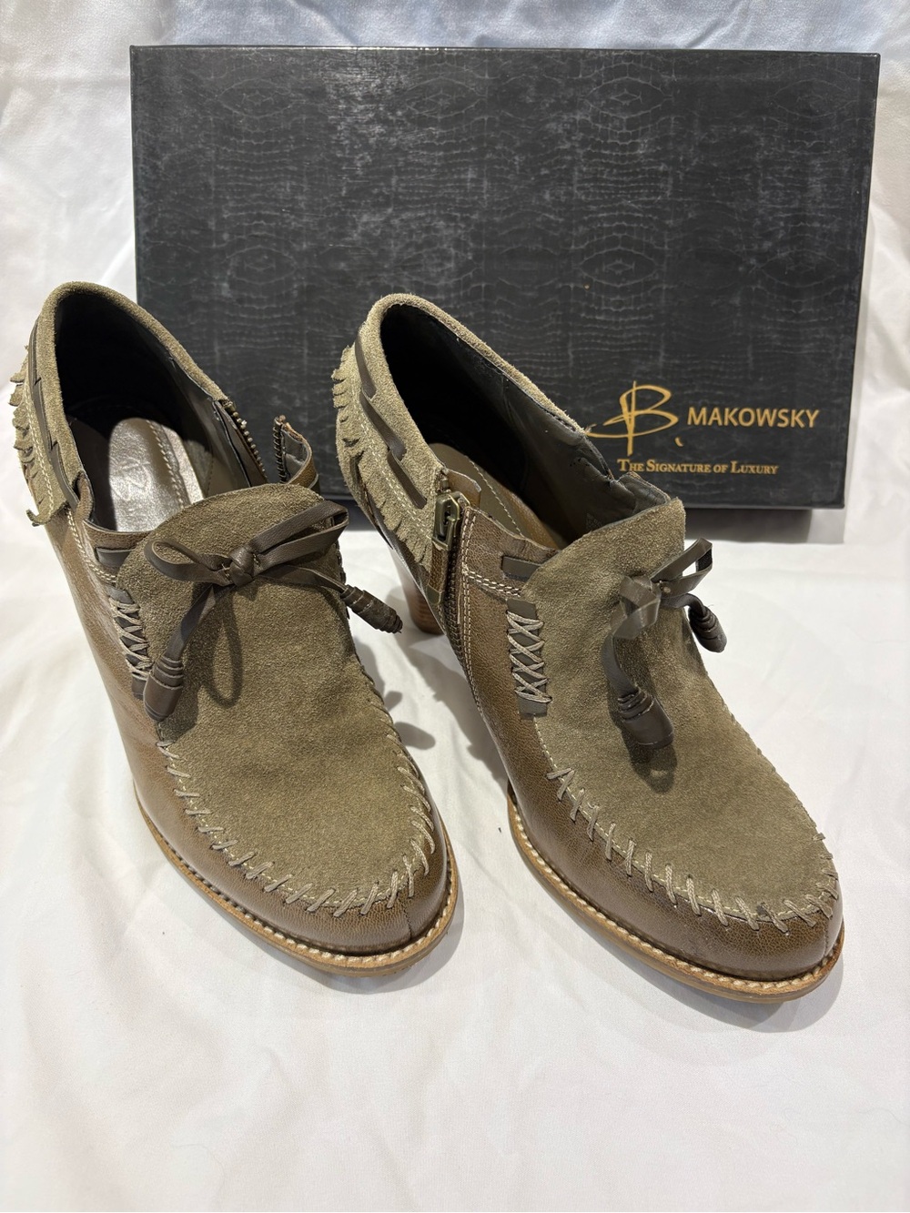 b. makowsky Olive Suede Tassel Moc-Toe Ankle Booties with Stacked Heel